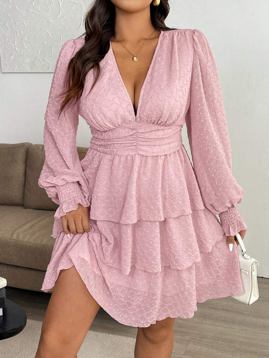 Vionelle 大码女式 V 领 A 字形灯笼袖褶皱迷你连衣裙，蛋糕般的设计，带有分层荷叶边，褶皱纹理面料情人节 - 粉色 - 查看 1