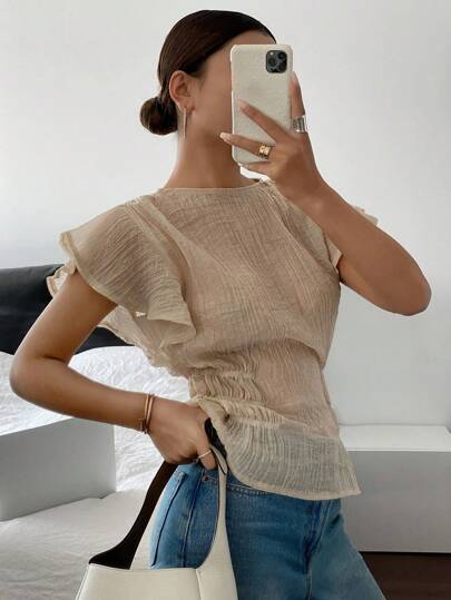 Siren Gaze Women's Solid Color Round Neck Cap Sleeve Elastic Waist Ruffle Blouse,Summer Women's Thin And Transparent Shirt