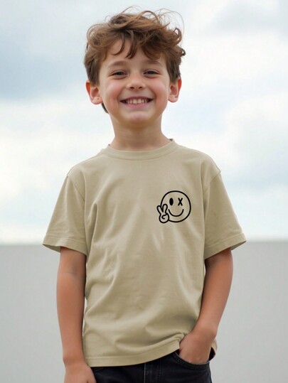 SHEIN Explorewe Young Boy Casual Round Neck Short Sleeve T-Shirt With Smiling Face Print Summer Holiday