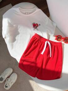 SHEIN 2pcs/Set Young Boys & Girls Casual Korean Style Cute Comfortable Fashion Simple Practical Soft Round Neck T-Shirt And Shorts Set, Suitable For Daily Wear, School, Outings, Sports, Spring/Summer, Valentine's Day - Red - View 1