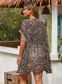 SHEIN VCAY Blouse à manches longues avec lien à la taille, imprimé léopard, pour femmes grandes tailles - Multicolore - Voir 2