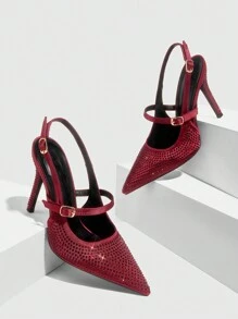 CUCCOO SZL Tacones de aguja con correa de tobillo y brillos completos de color rojo vino, de tacón alto y puntera puntiaguda, para fiesta y uso sexy para mujeres