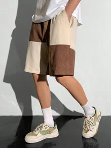 SHEIN 1 Pc Teen Boy's Loose Fit Men's Color Block Drawstring Waist Corduroy Shorts;Spring Wear; Teen Boys' Clothing; Teen Boy' Jackets, Spring Back To School