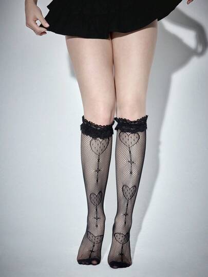 Kawaii 1 par de medias altas de mujer con diseño de piruleta y malla
