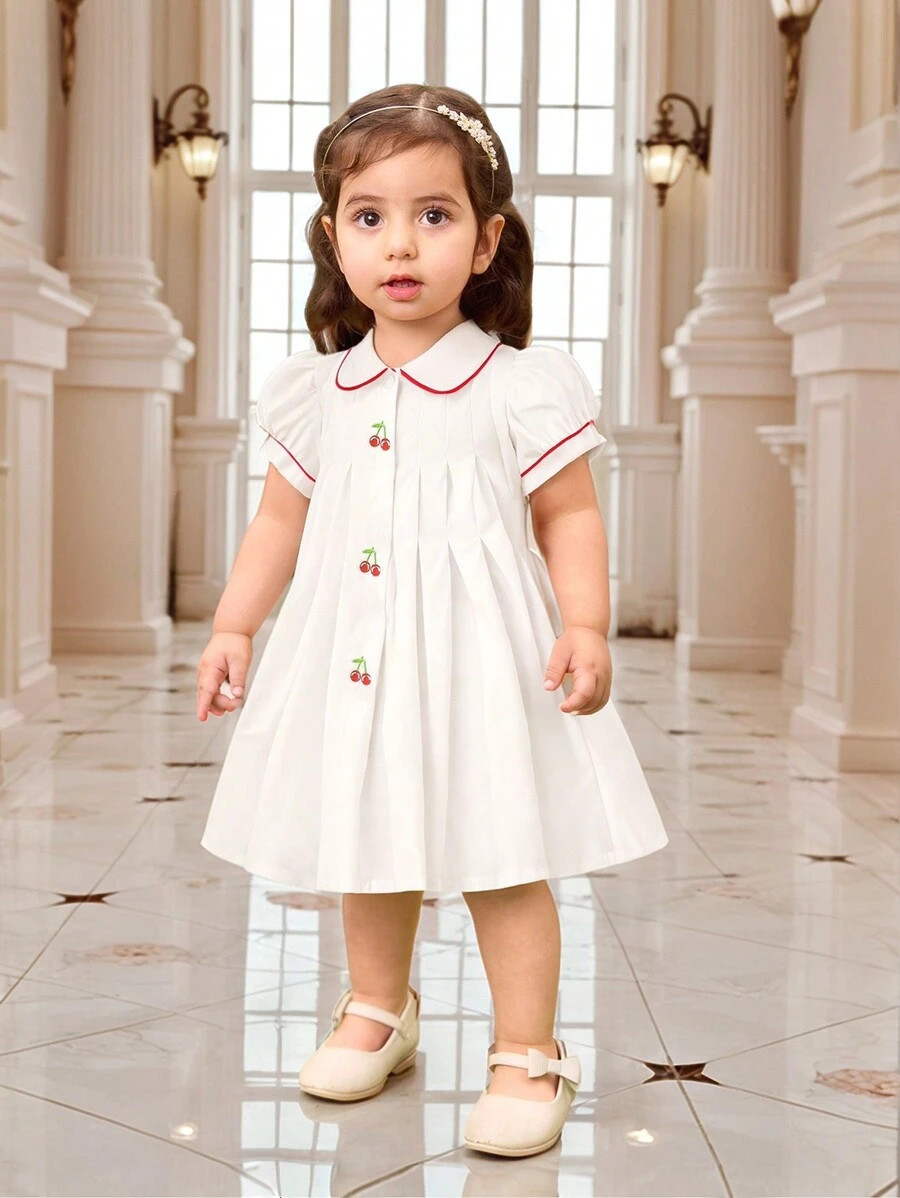 SHEIN 女宝宝夏季可爱刺绣樱桃撞色领带织带泡泡短袖白色连衣裤连衣裙 - 白色 - 查看 1