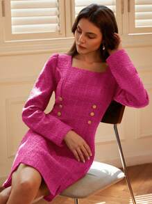 Aveloria 优雅法式方领圈形面料短裙，长袖，适合秋季节日派对礼服