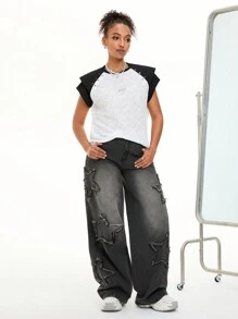 SHEIN EZwear 女士春夏节日外出 Y2K 蕾丝拼布铆钉装饰两层袖白色 T 恤 - 彩色 - 查看 3