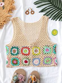 Breezaya Women's Floral Pattern Hollow Front Tie Up Sweater Vest For Beach Holiday - Apricot - View 2