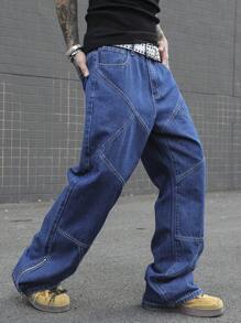 Manfinity Roghcode Men's Casual Straight Loose Fit Jeans With Pockets - Dark Wash - View 8