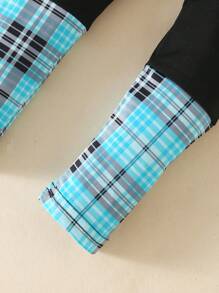 Conjunto de 2 piezas de camiseta de manga raglán de cuello redondo a cuadros y leggings de cintura elástica de unicolor ajustados para niñas jóvenes, para principios de primavera