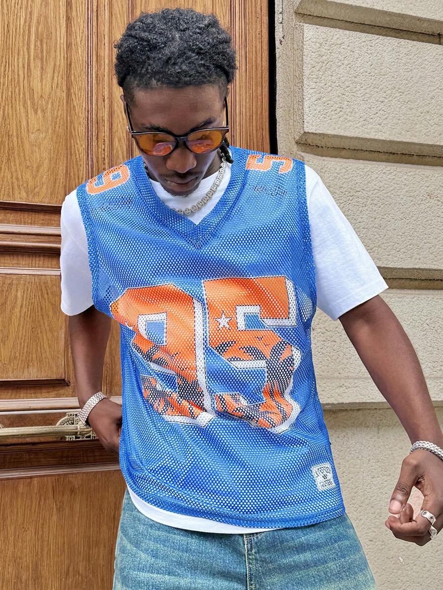 Manfinity VCAY Men's Loose Fit Mesh Sleeveless Tank Top With Digital Print, Suitable For Summer