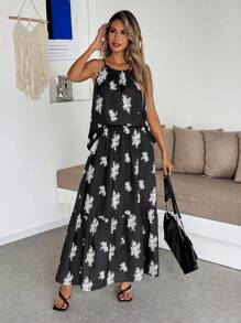 SHEIN Clasi French Vintage Black Sleeveless Spaghetti Strap Crop Top With Flared Hem, Holiday Beach Wrap Skirt Set, Summer Black Sleeveless Spaghetti Strap Cropped Tank Top/Mid-Length High Waist Slimming Skirt Set For Women - Black - View 1