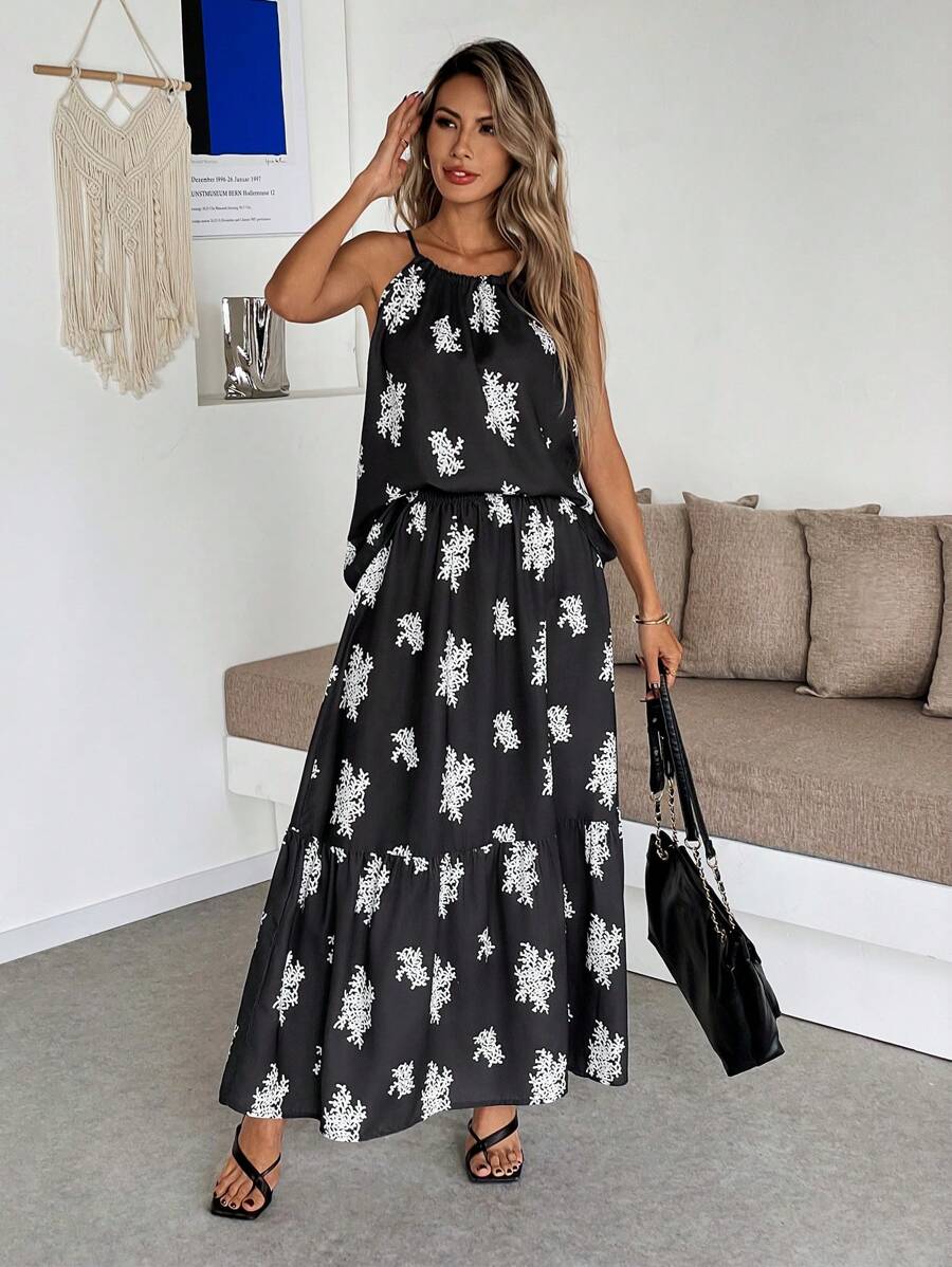 SHEIN Clasi French Vintage Black Sleeveless Spaghetti Strap Crop Top With Flared Hem, Holiday Beach Wrap Skirt Set, Summer Black Sleeveless Spaghetti Strap Cropped Tank Top/Mid-Length High Waist Slimming Skirt Set For Women - Black - View 1