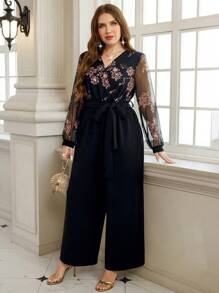 SHEIN Clasi 优雅亮片花卉印花网眼拼布大码女式长袖连体裤, 女士夏季服装, 女士情人节服装, 女士连体裤, 女士连体裤, 女士黑色连体裤, - 彩色 - 查看 5