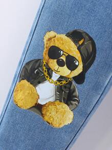 SHEIN 2 件套年轻男孩休闲都市街头风格柔软白色短袖 T 恤熊印花牛仔锥形裤，配有松紧腰带和口袋 - 白色 - 查看 7