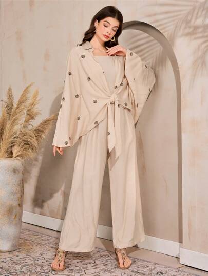 Mulvari 贝壳刺绣蝙蝠袖上衣连体裤女款两件套