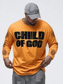 Manfinity VCAY Plus Size Men's Loose Fit Streetwear Sun & Letter Print Crew Neck Long Sleeve T-Shirt - Orange - View 3