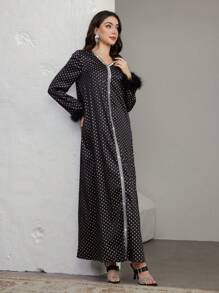 Graceveil Women's V-Neck Loose Polka Dot Silver Foil Furry Elegant Arabic Long Dress Modest - Black - View 7