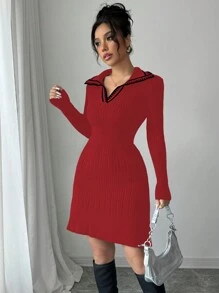 Elenzga Ribbed Collar A-Line Women Sweater Dress Fall Cloth For Women - Multicolor - View 5