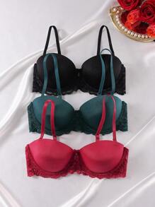 3pcs/Set Women Solid Color Contrast Lace Fashion Bra Sets - Multicolor - View 3