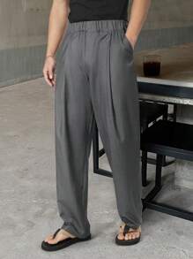 Manfinity Hypemode Manfinity Hypemode Elastic Waist Casual Pants, Loose Straight Leg Versatile Fashion Long Pants