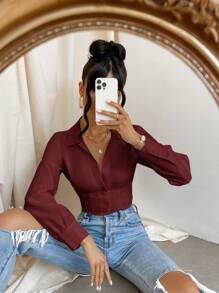 SHEIN Privé Casual Solid Color Criss Cross Tie Front Cropped Shirt - Burgundy - View 4