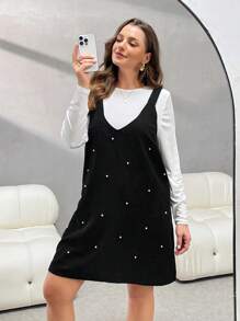 SHEIN Essnce 大码女式珠饰无袖连衣裙和长袖上衣 2 件套 - 黑色 - 查看 6