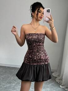 Elenzga Váy ngắn hở vai họa tiết da báo cho nữ, váy ngắn sinh nhật gợi cảm, xuân/hè - màu đen - Xem 3