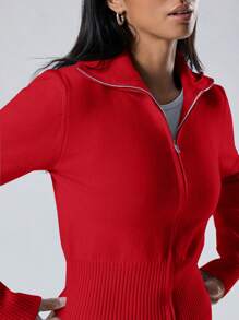 LYSMO 2pcs Women's Solid Color Zip Front Long Sleeve Top & Full Length Pants Set - Red - View 6