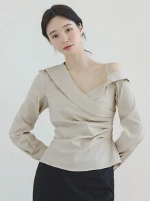 DAZY 女式不对称肩长袖收腰衬衫，秋季服装 - 灰色 - 查看 3