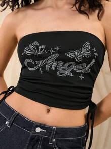 SHEIN EZwear Rhinestone Butterfly & Letter Graphic Drawstring Side Tube Top