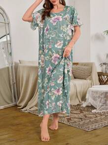 Bubble Ruffled Floral Print Long Nightgown Babydoll Luxeloungewear, Moo Moo - Multicolor - View 6