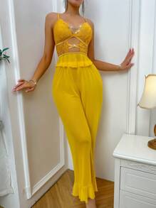 Chain Decor Lace Patchwork Criss-Cross Hollow Suspender Long Pajama Set