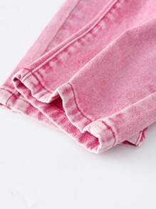 Baby Girl New Fashion Ruffled Waist Washed Denim Straight Leg Pants, Fuchsia,Holiday,Summer,Travel