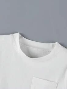 SHEIN 2 件套年轻男孩休闲都市街头风格柔软白色短袖 T 恤熊印花牛仔锥形裤，配有松紧腰带和口袋 - 白色 - 查看 3