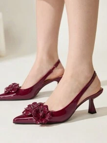 CUCCOO CHICEST 女士花卉装饰尖头穆勒一脚蹬高跟鞋，优雅舒适的派对/婚礼/正式活动高跟鞋，适合春、夏、秋、冬，情人节酒红色 - 酒紅色 - 查看 8