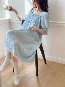 DAZY Sweet Puff Sleeve Ruffle Trim Loose Nightgown Pajama - Baby Blue - View 6