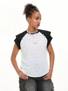 SHEIN EZwear 女士春夏节日外出 Y2K 蕾丝拼布铆钉装饰两层袖白色 T 恤 - 彩色 - 查看 4