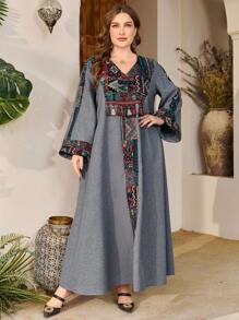 Al Najma Plus Size Women V-Neck Bell Sleeve Faux Linen Patchwork Jacquard Tassel Elegant Luxury High-End Fashion Arabic Turkish Dress, Modest Kaftan