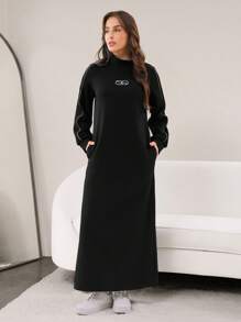 Mulvari High Collar Contrast Edge Pocket Front Print Long Sweatshirt - Black - View 4