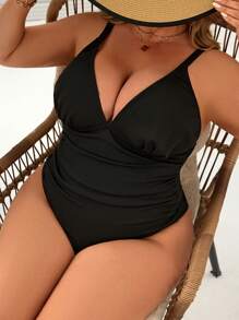 SHEIN Plus Size Black Solid Color One-Piece Swimsuit, For Summer Beach Vacation - Black - View 1