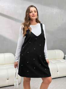 SHEIN Essnce 大码女式珠饰无袖连衣裙和长袖上衣 2 件套 - 黑色 - 查看 4