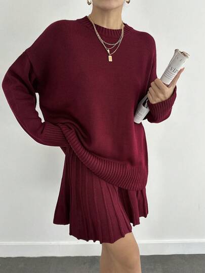 EURMUSE Women's Rich Burgundy Knitwear Set – Cozy Sweater With Matching Skirt For A Timeless Chic Look