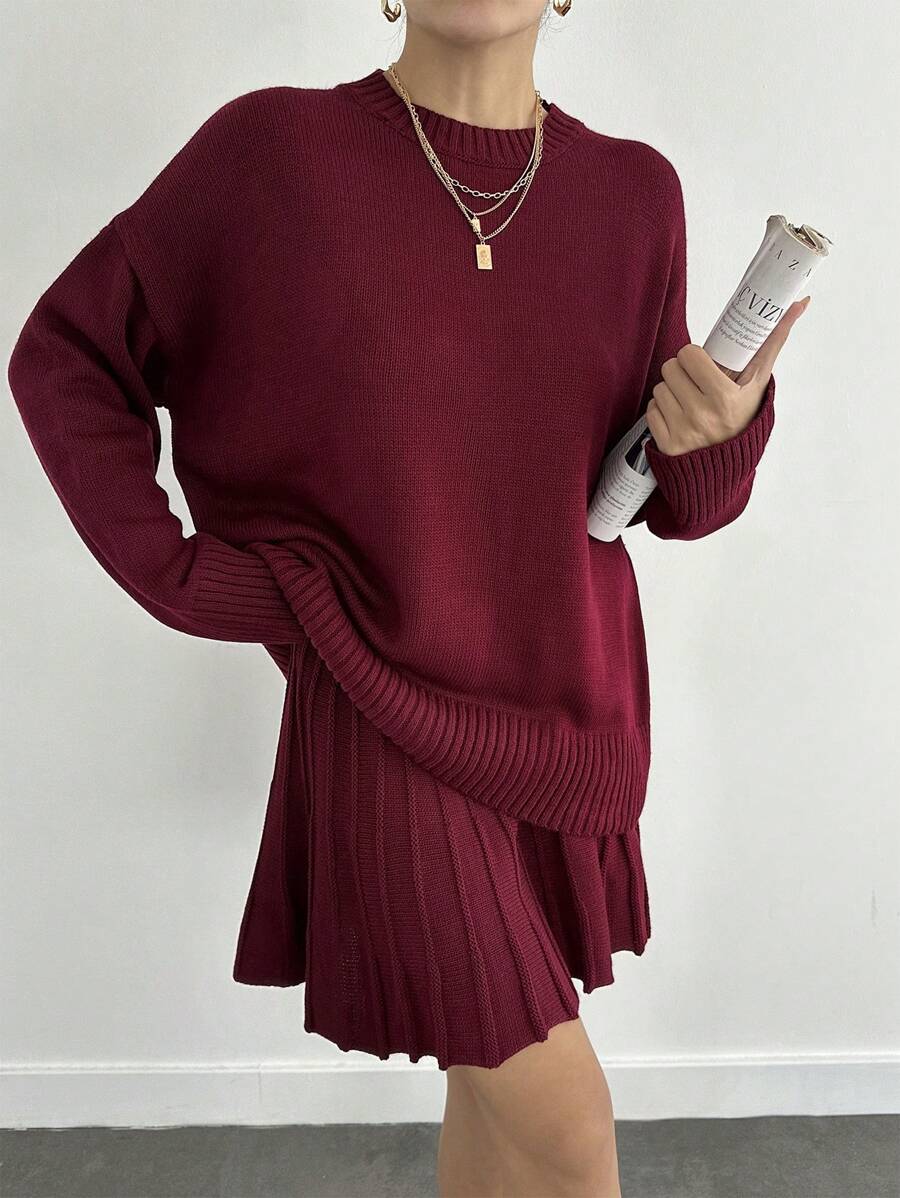 EURMUSE Women's Rich Burgundy Knitwear Set – Cozy Sweater With Matching Skirt For A Timeless Chic Look