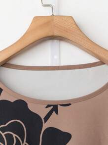 Linhara Mature Vintage Floral Colorblock Plus Size 2 Pieces Set, Spring/Summer - Khaki - View 3