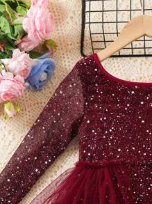 SHEIN Glamorique Kids Đầm công chúa lưới lấp lánh thanh lịch cho bé gái thời trang thường ngày - Màu Đỏ Sâu - Xem 5