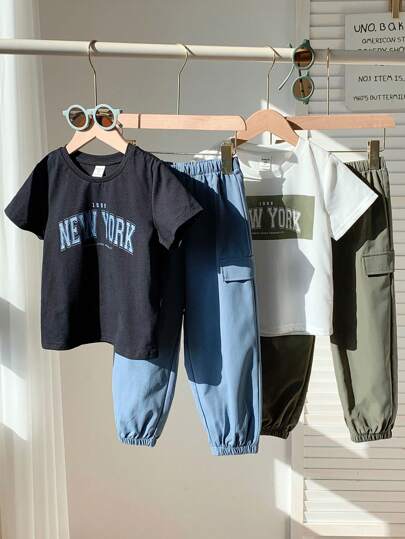 SHEIN 4pcs/Set Young Boy Casual College Letter Print Round Neck Short Sleeve Knitted T-Shirt With Pocket & Loose Elastic Waist Woven Pants, 2 Styles, Suitable For School, Garden, Beach, Birthday, Spring/Summer/Autumn/Winter