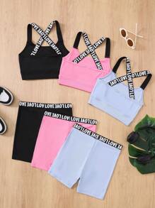 SHEIN 3pcs/Set Tween Girls Casual Sporty Solid Color Letter Print Cami Top And Shorts Set