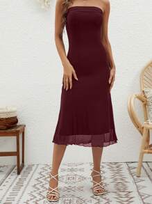 Firerie Vestido sin mangas de unicolor de mujer con doble capa de tela de malla