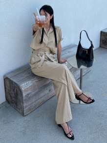 DAZY 女士休闲通勤纯色短袖衬衫和裤子两件套家居服套装